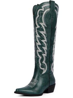 Women's Green Cowboy Knee High Boots Pointed Wide Calf Chunky Heel Cowgirl